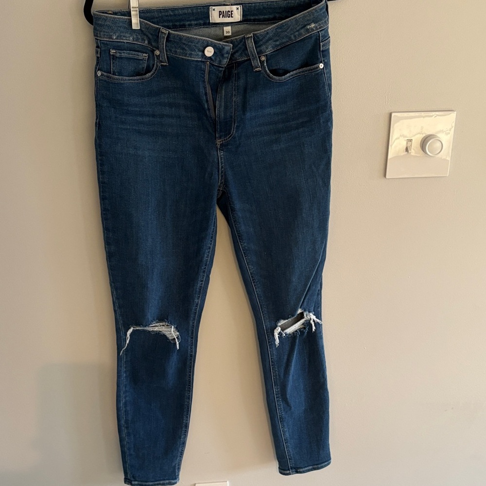 PAIGE Women's Dark Blue Distressed Ankle Jeans